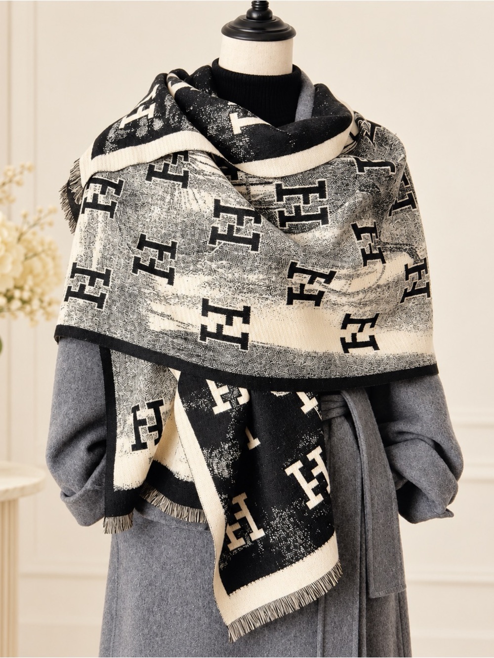NWT - Monogram Knit Wrap Scarf in Black and Cream Jacquard Faux Cashmere